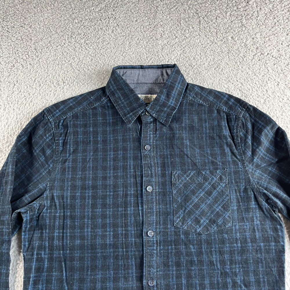 NEW Boston Traders Shirt Mens Medium Black Corduroy Tartan Plaid Button Up Fall